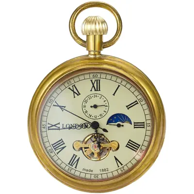 Image de Montre de Poche Mécanique Luxe - Cuivre Doré & Phase de Lune
