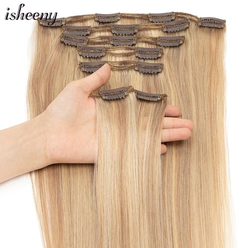 Bild von Clip-in Haarverlängerungen aus Echthaar – 7-teiliges Set mit glattem blonden Haar, 14-24 Zoll, natürliches Aussehen für sofortigen Volumenboost
