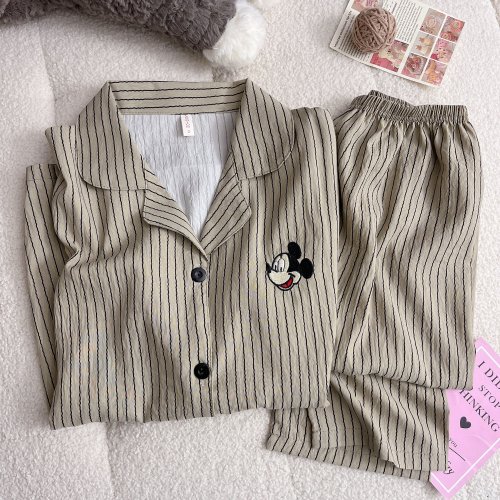 Image of Cozy Mickey Mouse Stripe Print Women's Pajama Set for Autumn and Winter – Sweet, Cute Cartoon Sleepwear for Students and Home Comfort
