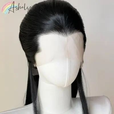 Image de Perruque synthétique noire 26 pouces, dentelle frontale, cheveux raides résistants à la chaleur