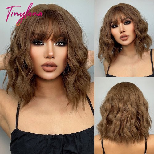 Image of Natural-Looking Short Wavy Honey Brown Copper Synthetic Wig with Bangs – Heat-Resistant Cosplay, Lolita & Daily Wear Bob Wig for Women