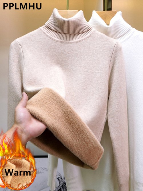 Imagen de Suéter de invierno de cuello alto para mujer, Jersey elegante grueso con forro de terciopelo, Jersey de punto cálido, Tops ajustados, Jersey, Jersey de punto, nuevo