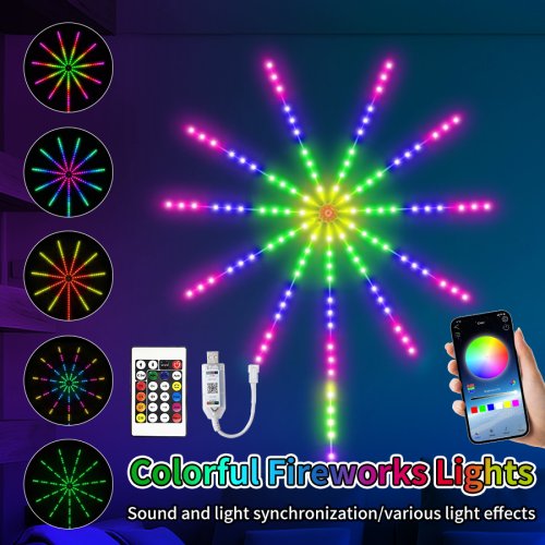 Afbeelding van RGBIC LED Vuurwerkverlichting String met Bluetooth App Controle, Muziek Sync, USB 5V, Droomkleur Lichtslinger voor Bruiloft en Kerstdecoratie