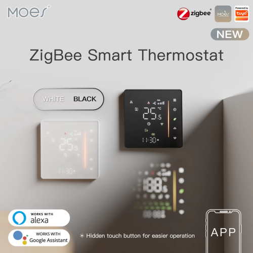 Immagine di Termostato Intelligente Moes Zigbee con Controllo Umidità e Compatibilità Alexa – Regolazione della Temperatura per Riscaldamento ad Acqua, Pavimento Radiante e Caldaie a Gas