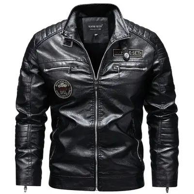 Image de Veste en Cuir Homme Col Montant - Style Moto Vintage