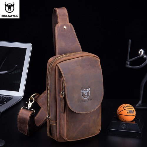 Afbeelding van BULLCAPTAIN Crossbodytassen voor heren Crazy Horse lederen borsttas Leren crossbodytassen Retro herenzak met ritssluiting Korte reistas