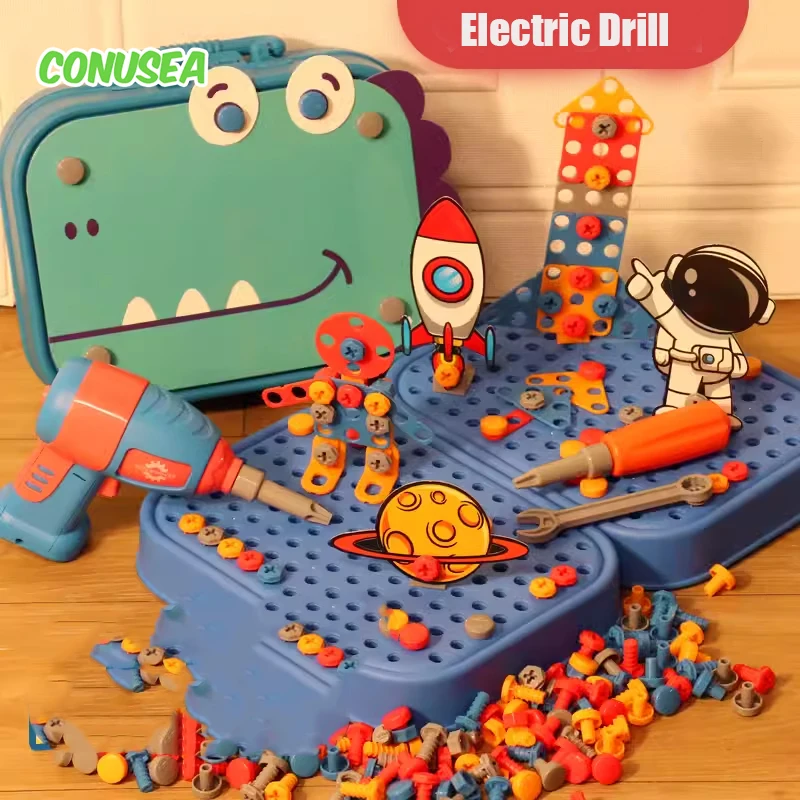 Zdjęcie Zestaw narzędzi dla dzieci Wiertarka elektryczna Nakrętka Śruba Puzzle 3D Zabawki Udawaj, że grasz w dinozaurów Zabawki edukacyjne dla chłopców