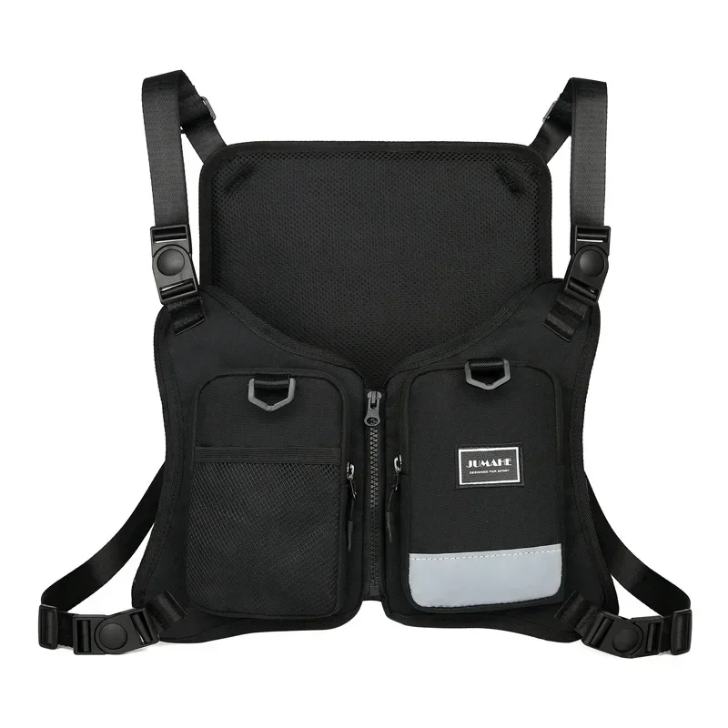 Immagine di Gilet multifunzione da uomo con borsa pettorale esterna, ideale per sport, fitness, ciclismo, pesca e stile hip hop – gilet riflettente protettivo con tracolla regolabile