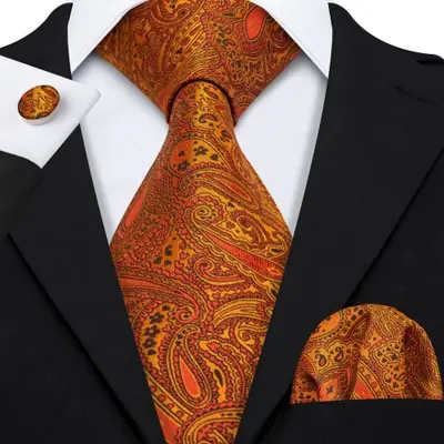 Image de Barry.Wang Orange marron soie hommes cravate Hanky boutons de manchette ensemble or café Jacquard co...