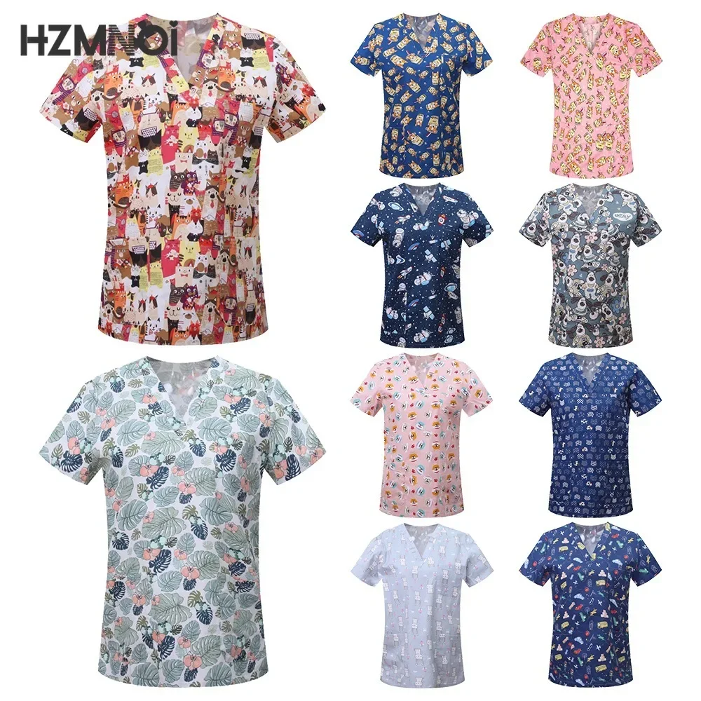 Afbeelding van Katoenen Scrub Tops met Cartoon Dieren Print – Medische Uniformen voor Kinderen en Volwassenen in Pet Clinic, Tandheelkunde en Ziekenhuisverpleging