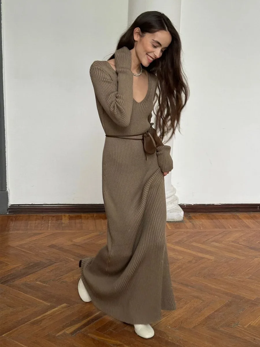 Image of Blubelle Women's New Solid Color Long Sleeve V-neck Slim Bodycon Knitted Maxi Dress Trendy Elegant Fashion Dresses