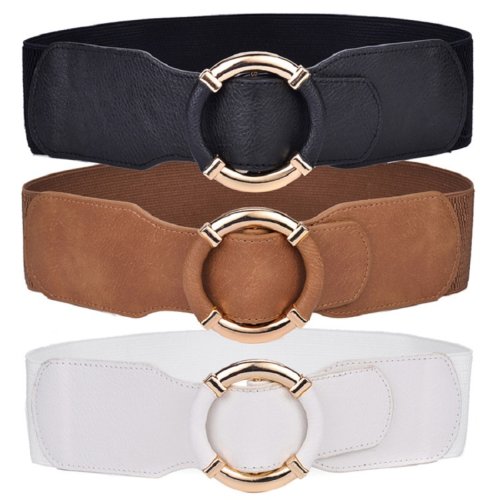 Afbeelding van Elastische Dames Korsetriem met Gouden Cirkelgesp – Brede Stretch Tailleband voor Vrouwen in Zwarte Trendy Stijl