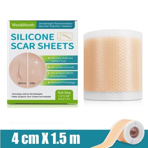 Immagine di 1 rotolo di fogli per cicatrici in silicone, nastro autoadesivo per copertura cicatrici da 4 cm x 150 cm, strisce riutilizzabili ed efficaci per la cura della pelle