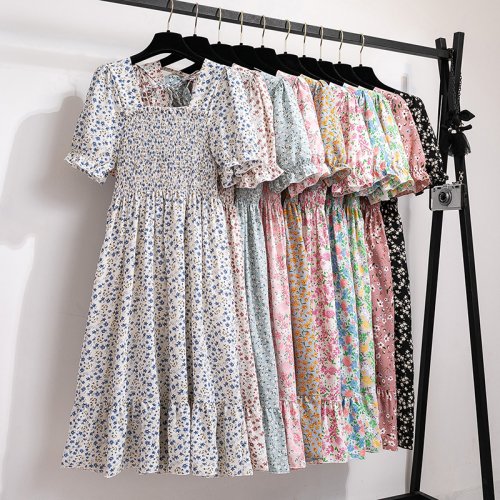 Bild von Sommer Plissee Frauen Chiffon Kleider Casual Strand Urlaub Kurzarm Quadrat Kragen Frau Midi Kleid Böhmischen Mujer Vestidos
