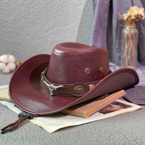 Bild von Faux Leder Western Cowboy Hüte Für Frauen Männer Vintage Gentleman Kleid Hüte Panama Cowgirl Jazz Cap Sombrero Hombre