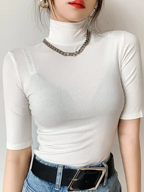 Image de T-Shirt Col Roulé Femme Blanc - Élégant & Confortable