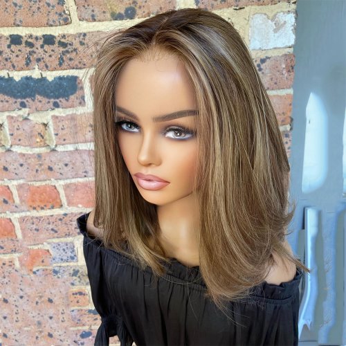 Image of Natural Caramel Ash Brown Highlighted Synthetic Lace Front Wig for Women – Short Wavy Hair with 13x4 Lace Front