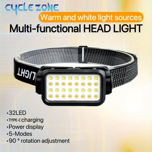 Immagine di Lampada Frontale Ricaricabile con 32 LED, 5 Modalità di Illuminazione, Faretto Regolabile e Portatile per Avventure all'Aperto, Pesca Notturna, Camminate e Escursionismo