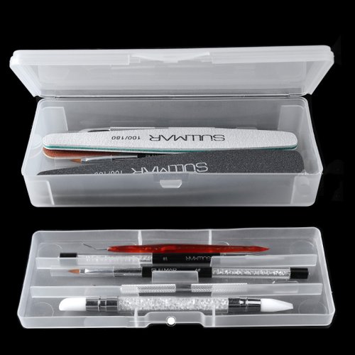 Immagine di Set Completo per Manicure con Scatola di Immagazzinaggio Rettangolare a Doppio Strato, Pinzette, Tagliaunghie, Pennelli, Buffer e Lime per Unghie in Plastica