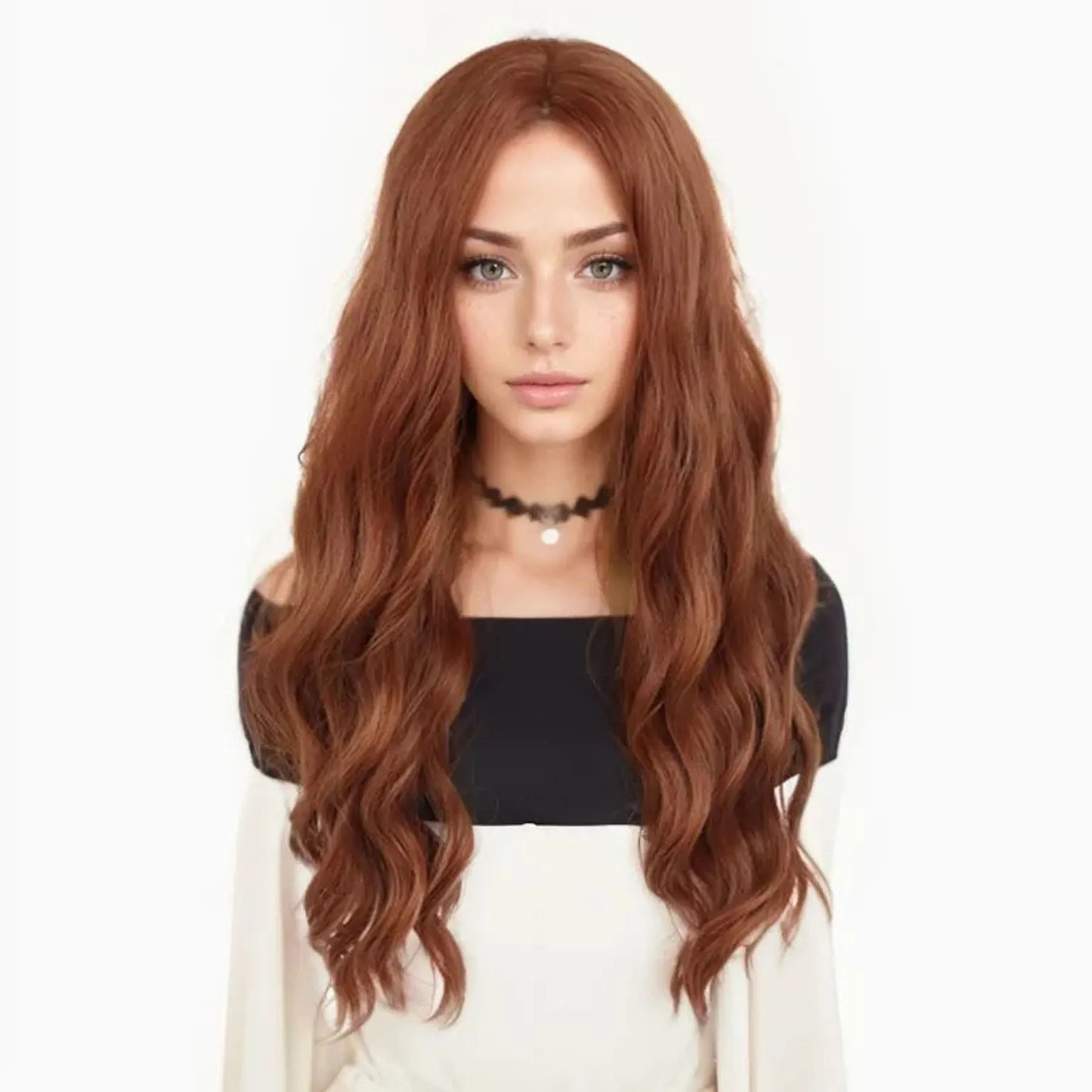 Image of Natural-Looking Synthetic Red Long Curly Wig for Women - Middle Part Scarlet Witch Wanda Maximoff Cosplay Wig with Wavy Texture for Parties and Events