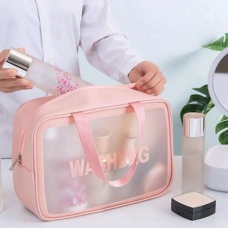 Bild von Transparente dreiteilige Make-up- und Kulturbeutel-Set aus PVC – Halbtransparent, mattiert, großkapazitiv und tragbar