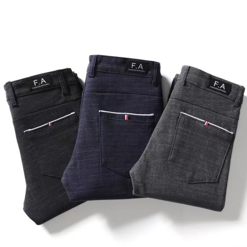 Image of Classic Style Men's Casual Pants with Striped Plaid Design – Slim Fit Business Trousers in Black, Blue, and Gray