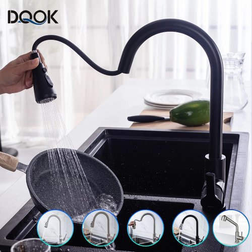 Imagen de Grifo de cocina, grifo de cocina negro, grifo mezclador de fregadero de cocina extraíble, cabezal rociador de corriente de níquel cepillado, grifo de agua de cocina cromado