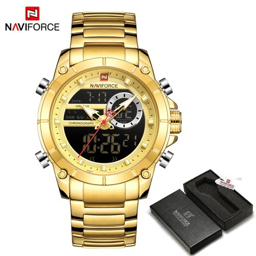 Bild von Naviforce 9163 Luxus Herren-Armbanduhr mit Quarz-Uhrwerk, Edelstahlgehäuse, wasserdicht und Dual-Display – robuste Militär-Uhr für Männer