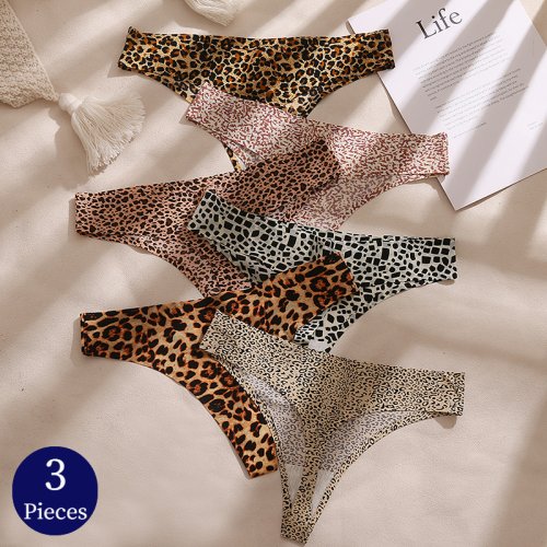 Image of Elegant Leopard Print 3-Pack Seamless Thong Underwear Set for Women – Breathable, Cozy & Sexy G-String Lingerie with T-Back Design