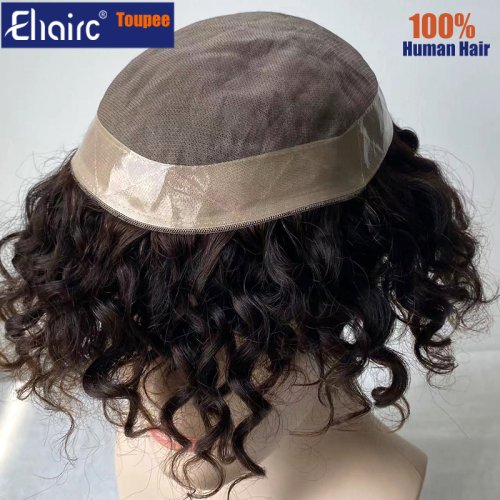 Immagine di Parrucca da uomo riccia di colore marrone Protesi per capelli maschili Parrucche per capelli mono per uomo Parrucche da uomo durevoli Protesi per capelli umani al 100% per uomo