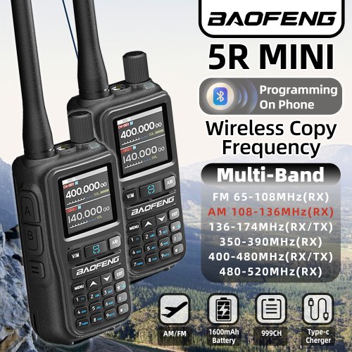 Imagen de Walkie Talkie Baofeng UV-5R Mini con Lectura de Frecuencia AM, Alcance Extendido, Cargador Multibanda Tipo C para Radioaficionados