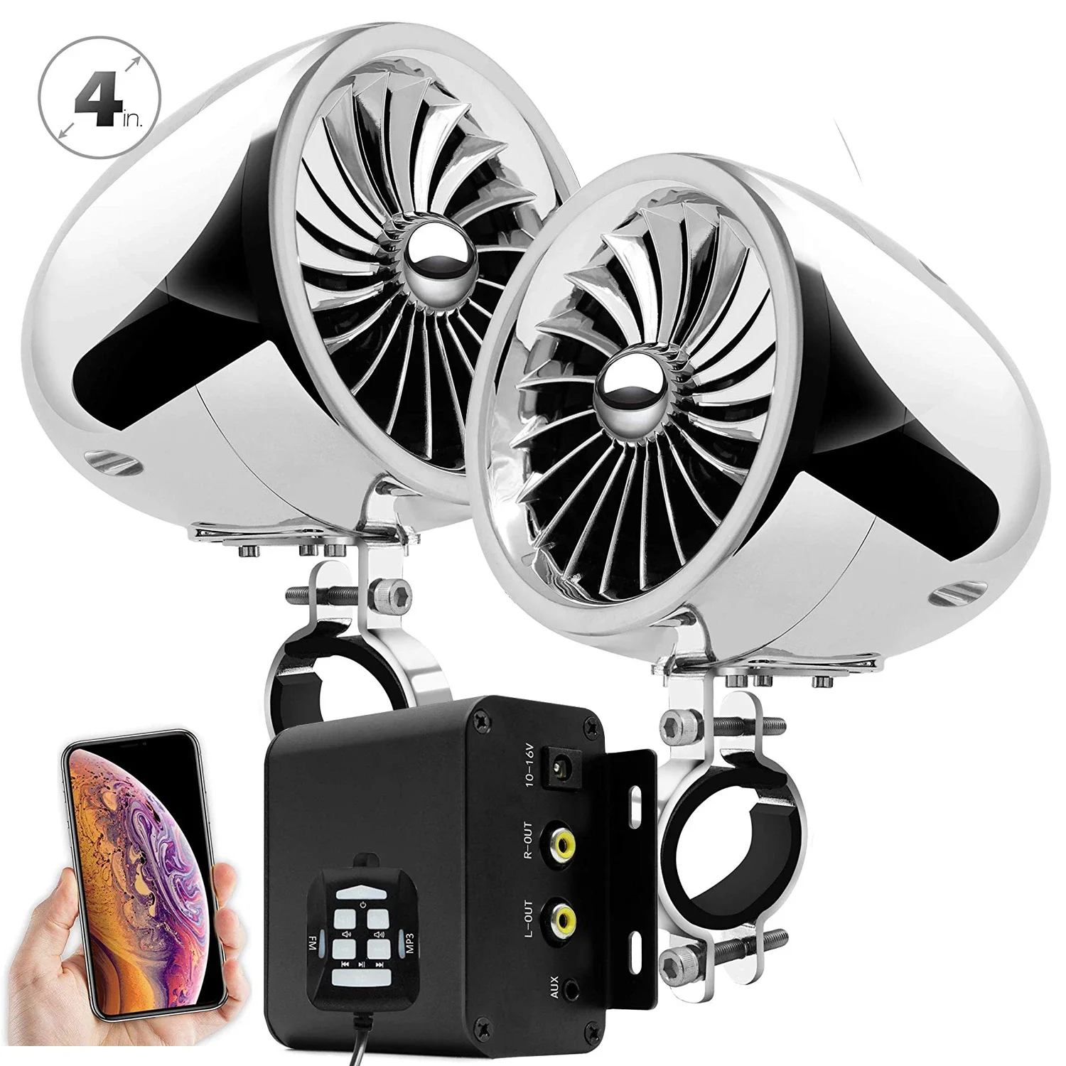 Immagine di Sistema Audio per Moto da 150 W con Amplificatore Stereo, Altoparlanti Impermeabili da 4 Pollici, Bluetooth, Radio FM, ingresso AUX e lettore MP3