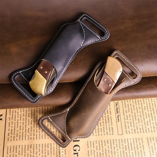 Image of Premium Genuine Leather Waist Belt Sheath for Folding Knife – Durable Cowhide Outdoor Tool Pouch with Secure Fit and Classic Design