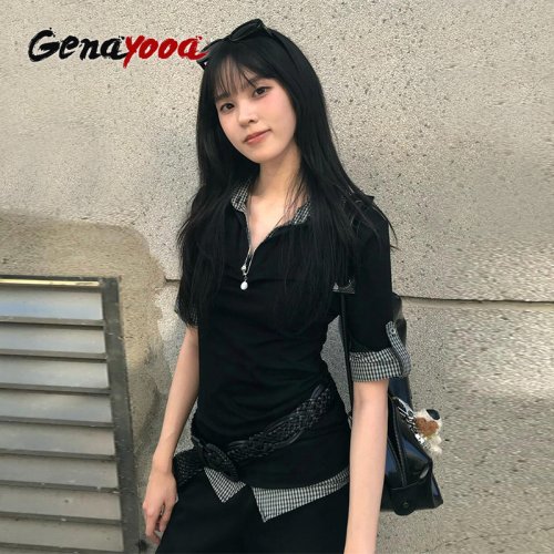 Imagen de Genayooa-Camiseta de retales Retro americana para mujer, camisas informales de media manga Y2k, Tops Vintage falsos de dos piezas, camisetas japonesas de los años 2000