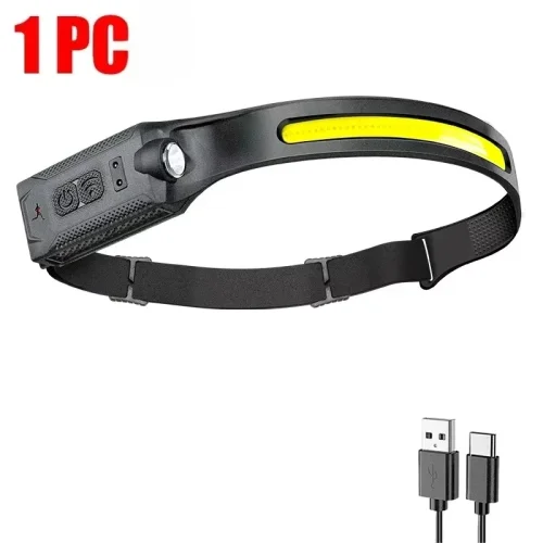 Immagine di Potente lampada frontale a LED COB Type-c Torcia frontale ricaricabile Batteria incorporata Lanterna...