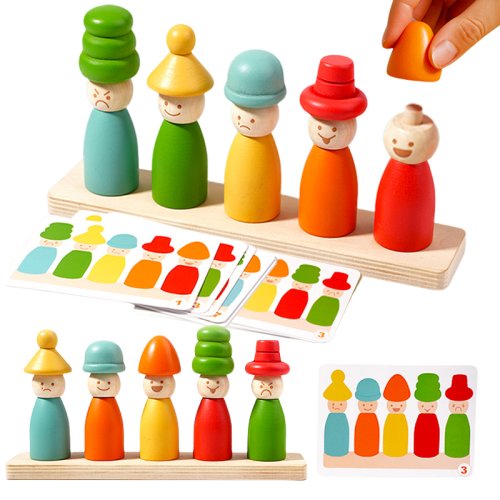 Bild von Farbe Sortierung Spielzeug Montessoris Holz Frühes Lernen Spielzeug Feinmotorik Puppe Hut Gesicht Spiel Kreative Stapeln Spielzeug Für Kind