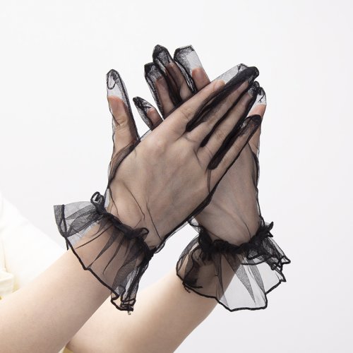 Imagen de Guantes de encaje negro para mujer, guantes ultrafinos de tul, vestido de novia de boda, guantes de conducción transparentes, protector solar Vintage