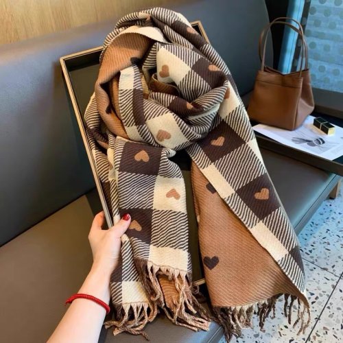 Bild von Herzförmiger Damen-Schal aus weicher Wolle – Karierter Winter-Deckenschal für Herbst und Winter, dick, groß und bequem