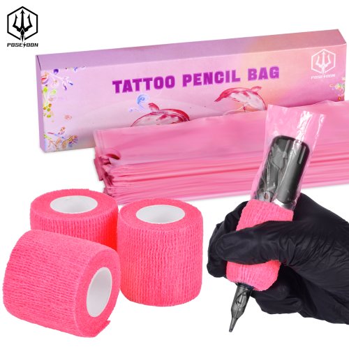 Bild von Poseidon Tattoo Bleistifthülle Taschenhüllen 200 Stück mit 3 rosa Bandagen – Komplettes Übungstattoo-Set für Microblading und Body Art, ideal für Künstler und Anfänger