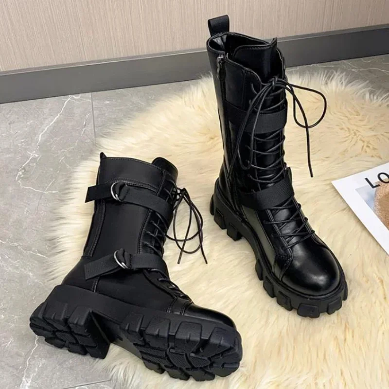 Afbeelding van Vrouwen Halfhoge Laarzen Pring Motorlaarzen Dames Cosplay Hoge Laarzen Punk Gothic Zwarte Hoge Hak Schoenen Vrouwen Lange Ridderlaars