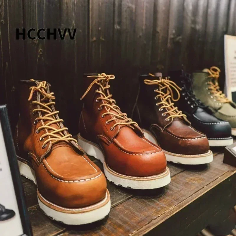 Image de Bottes Moto Vintage en Cuir Rouge pour Hommes