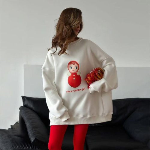 Image of Elegant Russian-Style Women's White O-Neck Sweatshirt with Superior Sense Print – Lightweight Loose Fit Spring 2025 Casual Hoodie Top