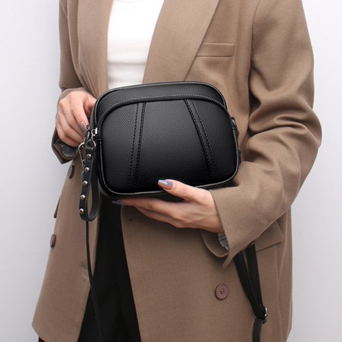 Bild von Einfarbige modische Niet Reiß verschluss Damen Handy tasche einfache weiche Leder Schulter Cross body kleine quadratische Tasche Handtasche