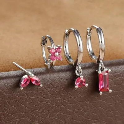 Image de Boucles d'oreilles Fleur Zircon Cubique - Ensemble 4 Pièces Or 18K