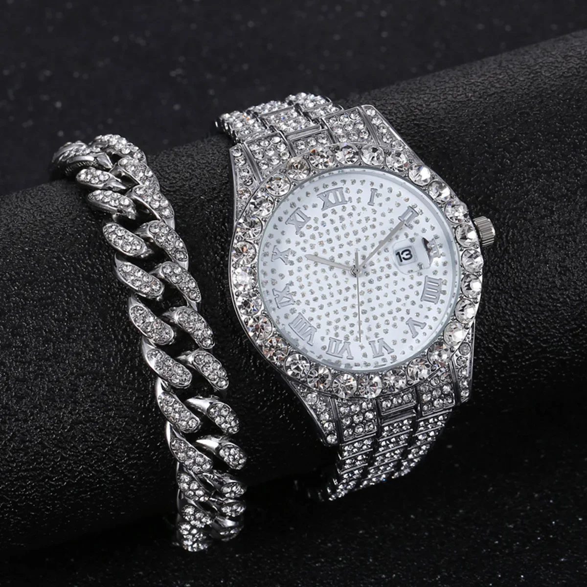 Image of Elegant Glitzy Rhinestone Watch and Cuban Link Bracelet Set with Sparkling Quartz Movement and Durable Stainless Steel Strap