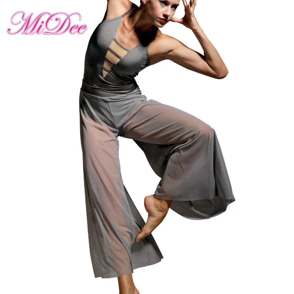 Image of Elegant Two-Piece Contemporary Dance Outfit with Mesh Culotte and Leotard Bodysuit for Stage Performances