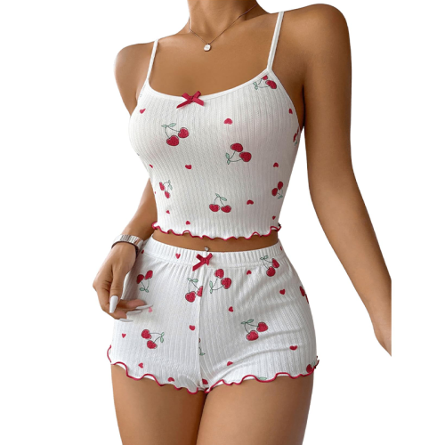 Image of Cozy Cherry Print Women's Pajama Set with Bow Front Cami Top and Shorts – Soft, Cute Sleepwear for Comfortable Nights