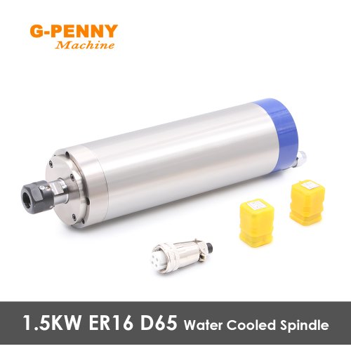 Immagine di Mandrino Raffreddato ad Acqua da 1.5 kW ER16 con Motore, Diametro 65 mm, 4 Cuscinetti per Lavorazione Legno e Metalli - G Penny
