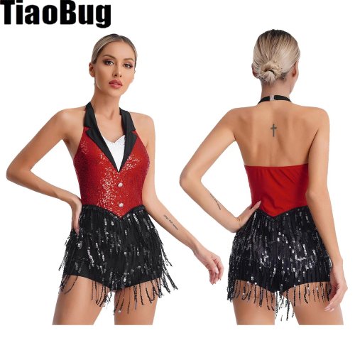 Immagine di Costume da ballo latino jazz per donna con nappa, paillettes scintillanti e frange – tuta senza maniche a balconcino senza schienale per performance sceniche