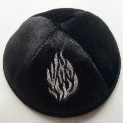 Immagine di Kippah ebraico in velluto con ricamo di fuoco per uomo Cappello Yamaka Kippot Royal Blue Grigio 18 cm